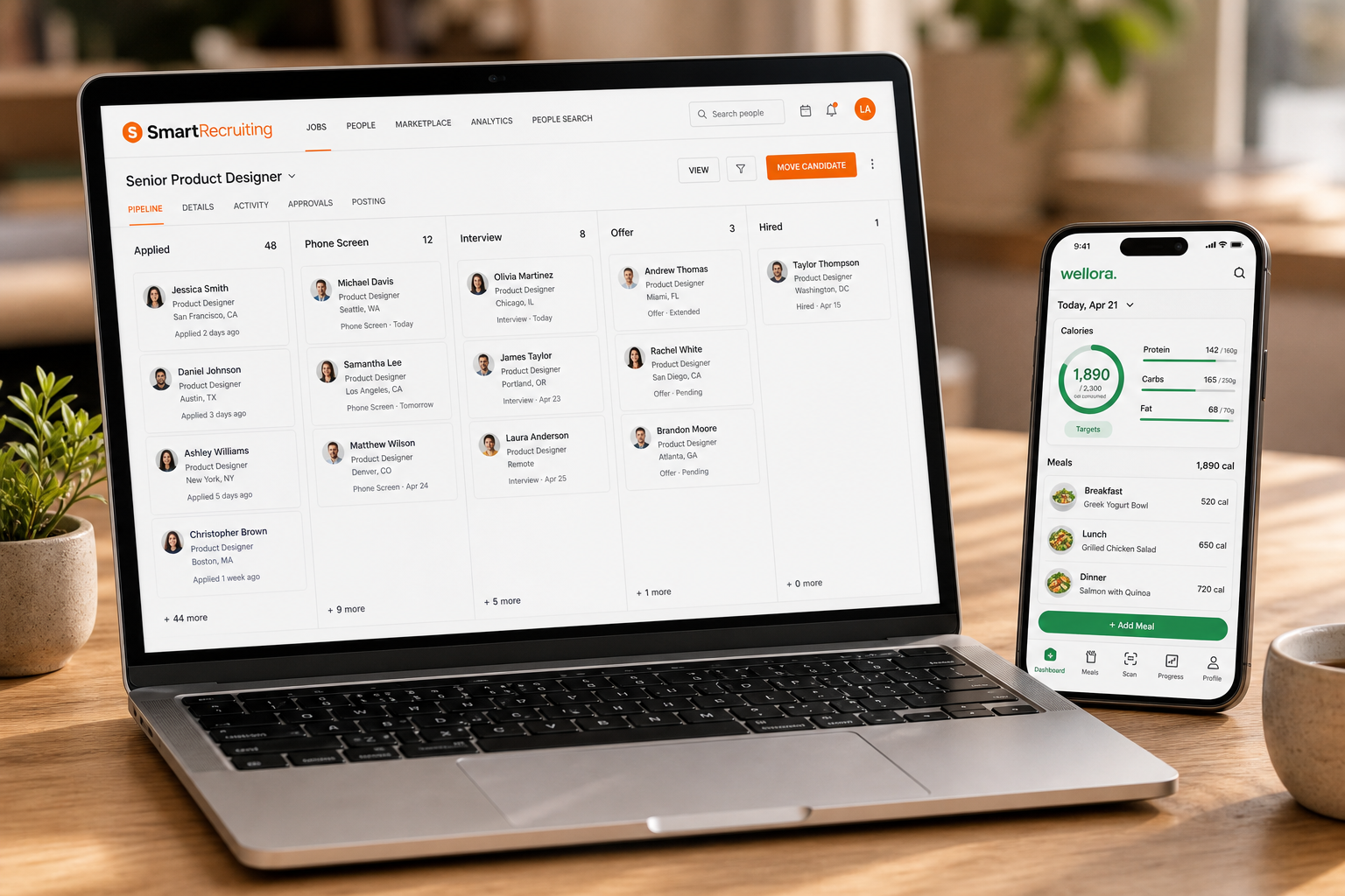 Wellora and SmartRecruiting product interfaces on laptop and phone